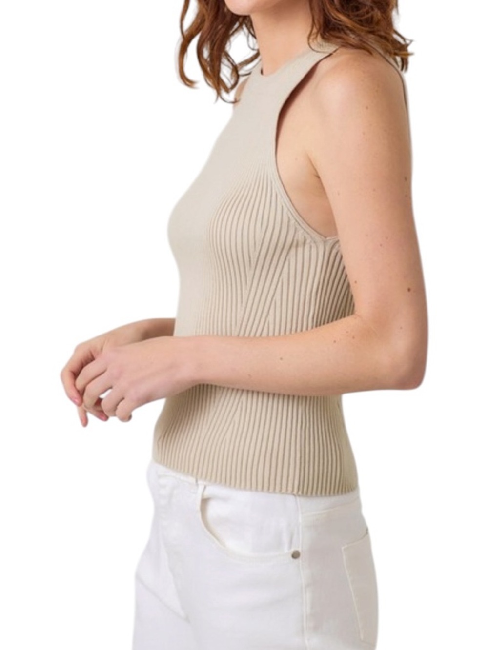 411. Taupe Ribbed Sleeveless Mock Neck Tank Top - Picture 2 of 3